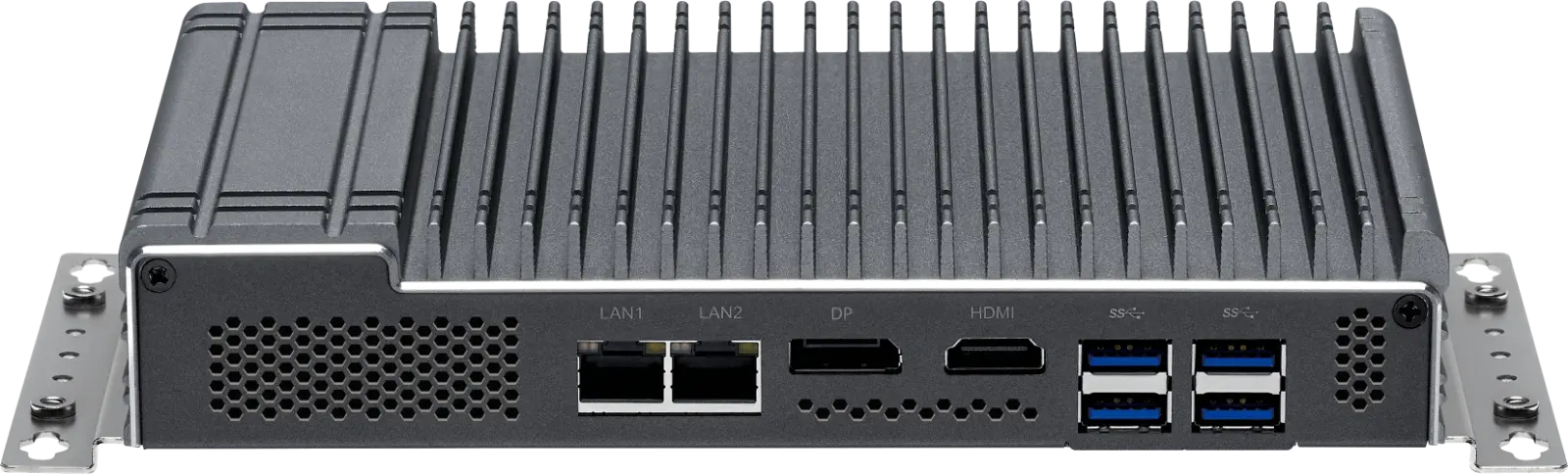 CIMON NB Series fanless industrial box PC, rear I/O view with dual LAN, DisplayPort, HDMI, and four USB ports