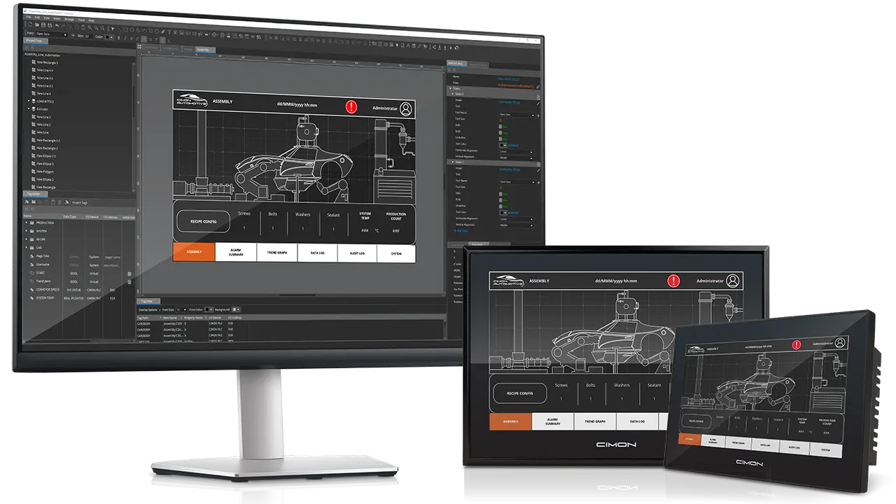 Canvas software on monitor and projects made with Canvas on HMIs