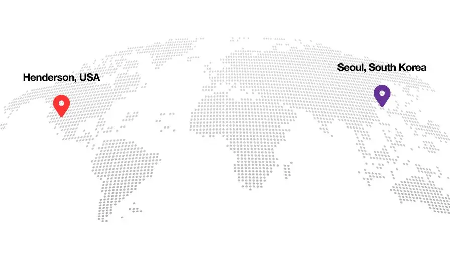 World map showing location pins on Henderson, USA and Seoul, South Korea